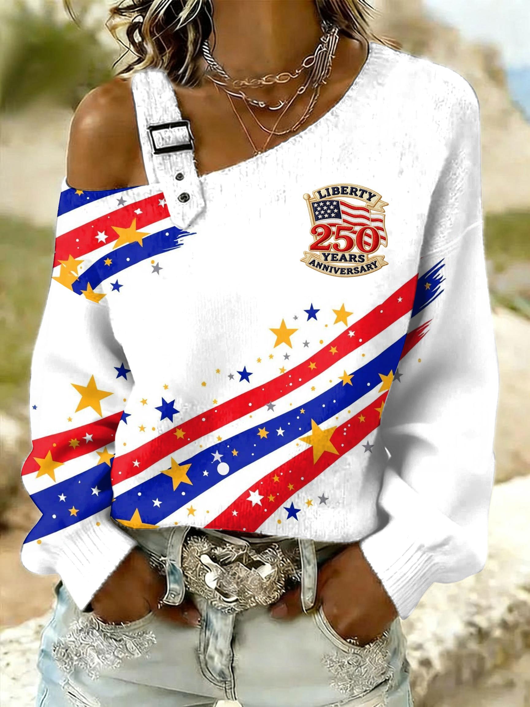 Women’s USA 250th Anniversary Artistic Print Off-Shoulder Sweatshirt