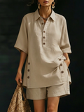 Cozy Loose-fitting Button Shirt And Shorts Linen Two-piece Set