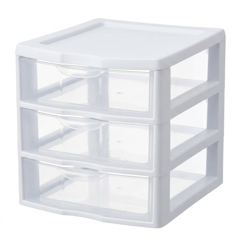 3-Tier Plastic Desktop Drawer Organizer | White Semi-Clear Storage Chest for Desk & Vanity