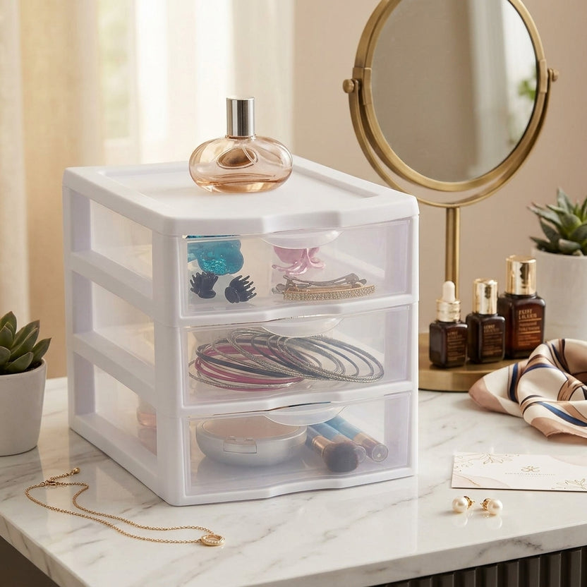 3-Tier Plastic Desktop Drawer Organizer | White Semi-Clear Storage Chest for Desk & Vanity