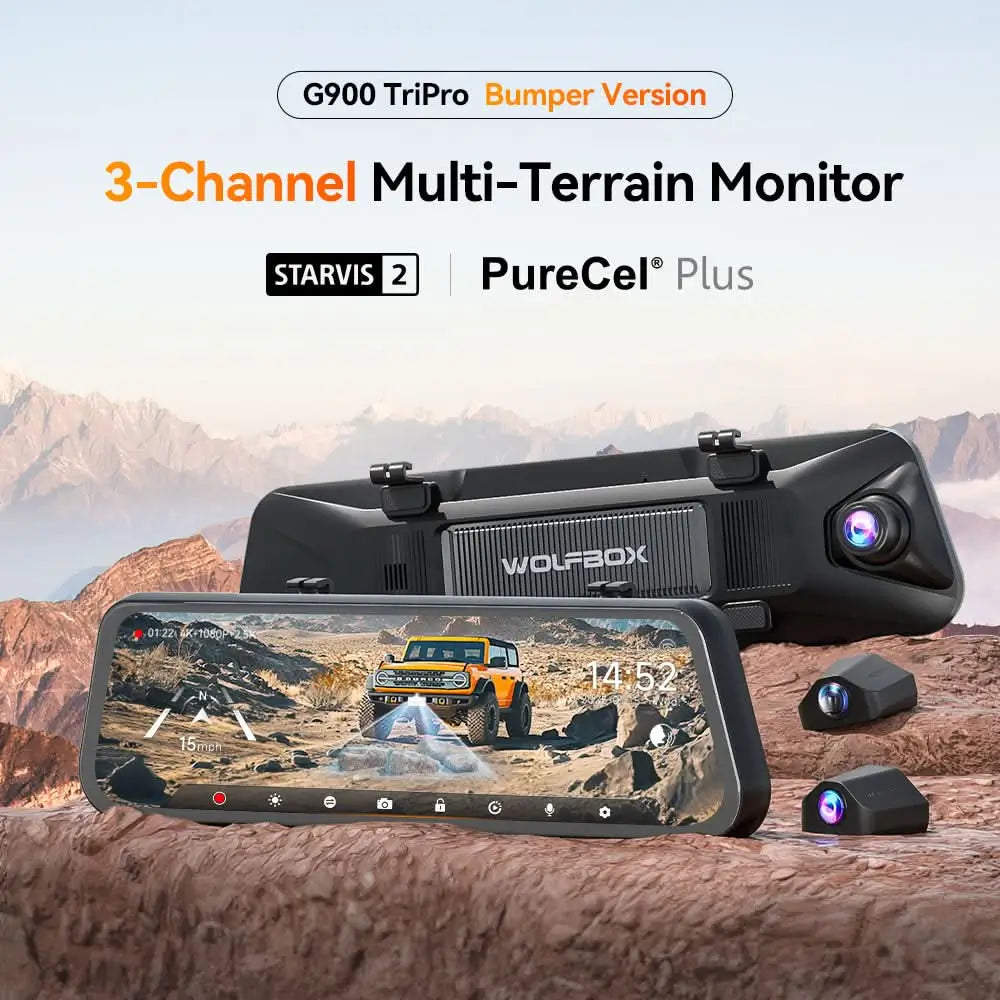 WOLFBOX G900TriPro Bumper Version 3 Channel Rearview Mirror Camera