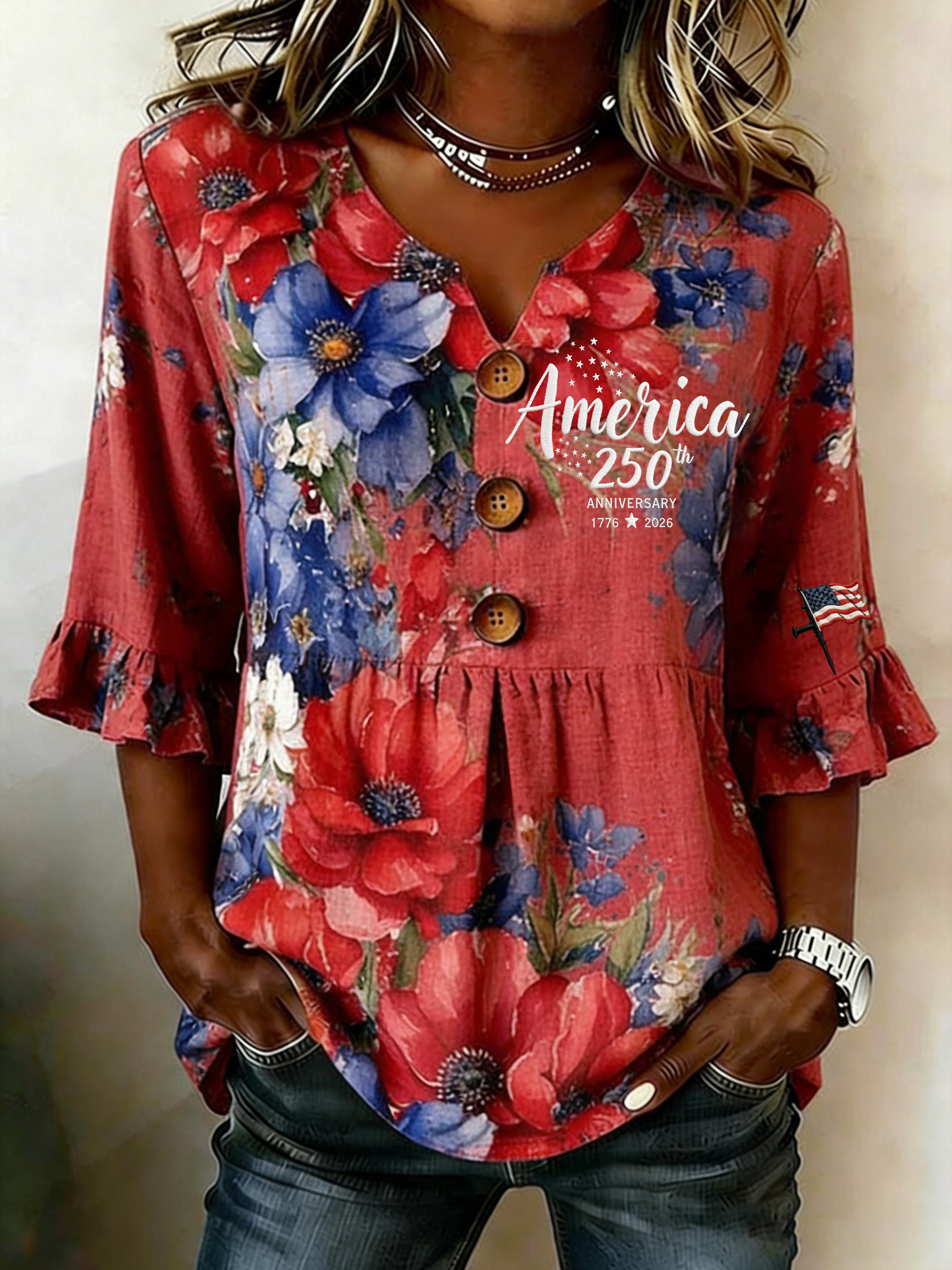 Women's 250th Anniversary Commemorative Printed Faux-Linen Top