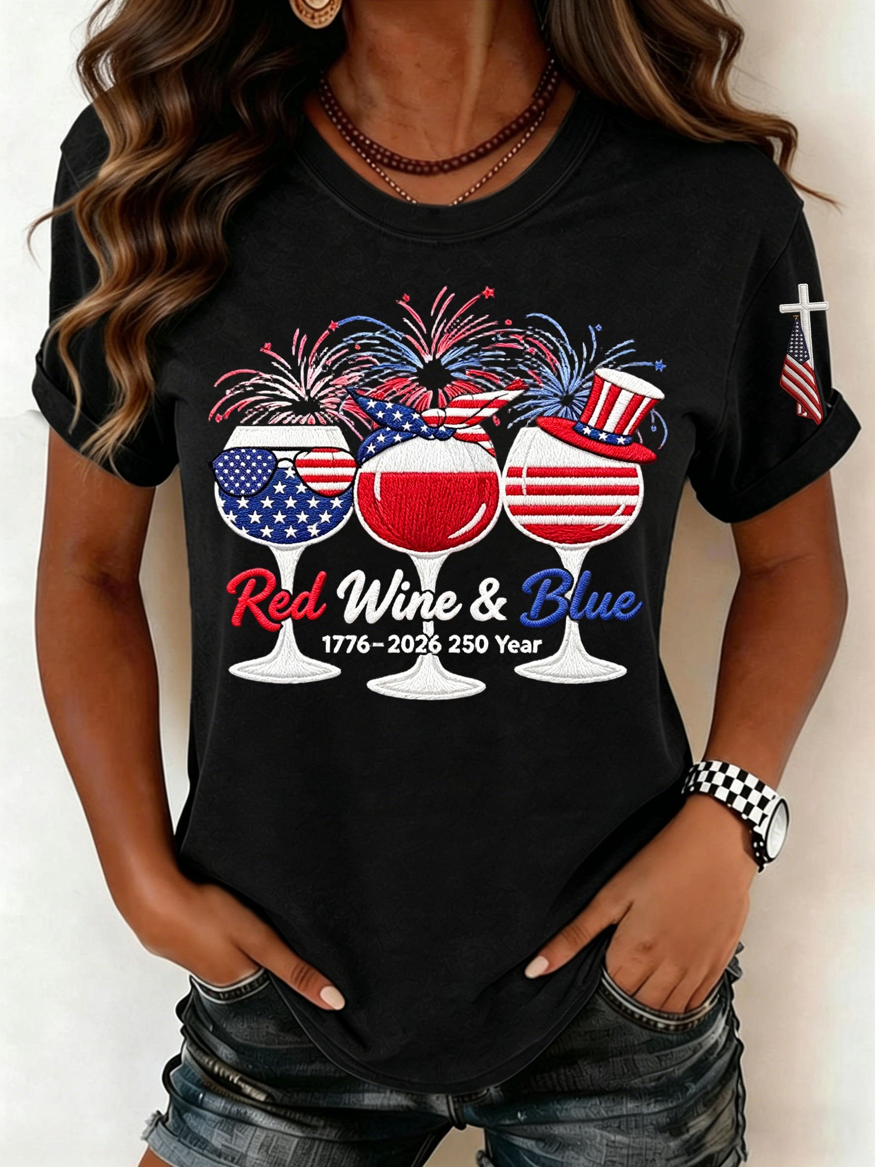 Women's Retro 1776–2026 250 Year Red Wine & Blue Print T-Shirt