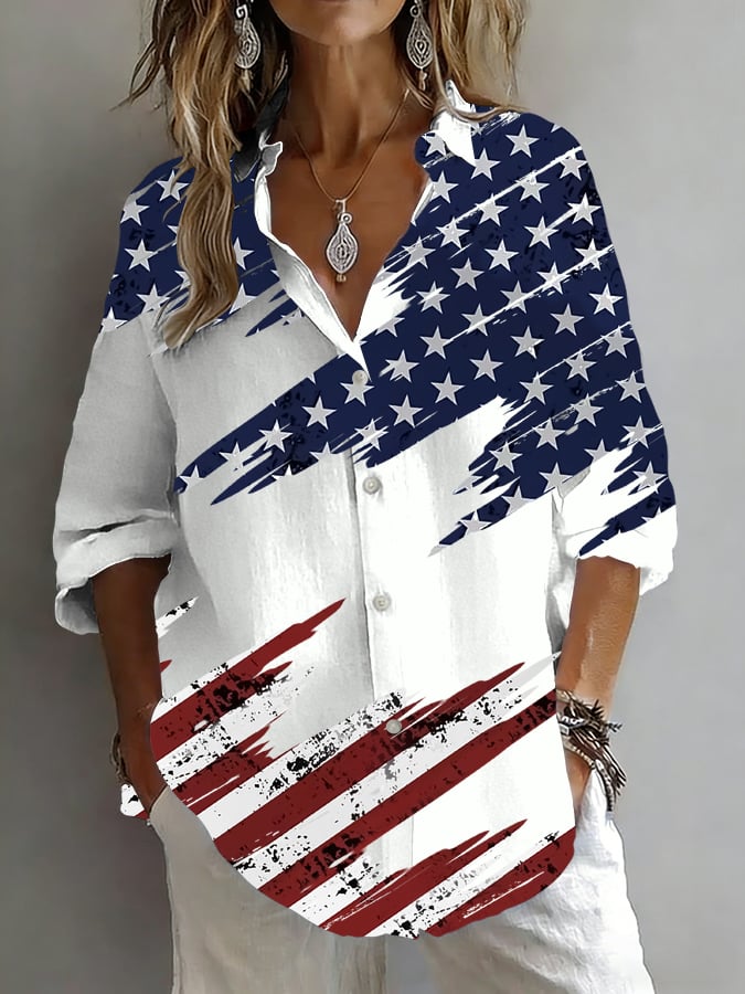 Women's Casual Retro National Flag Printed Long-Sleeved Shirt