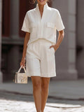 Women's V-neck Short-sleeved Casual Loose Cotton Linen Top High-waisted Casual Loose Wide-leg Shorts Cotton Linen Set