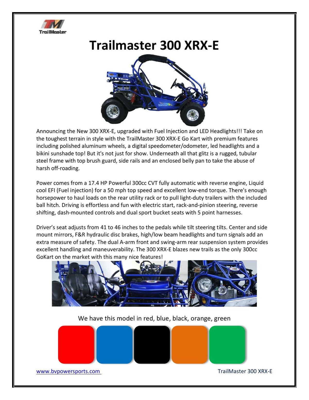 TrailMaster Eagle 300XRX-E 300cc Adult Go-Kart, EFI, Automatic CVT with Reverse, Electric Start, 2 Seats, Water-Cooled