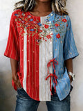 Women's Retro Floral Print Button-Down Tie Shirt