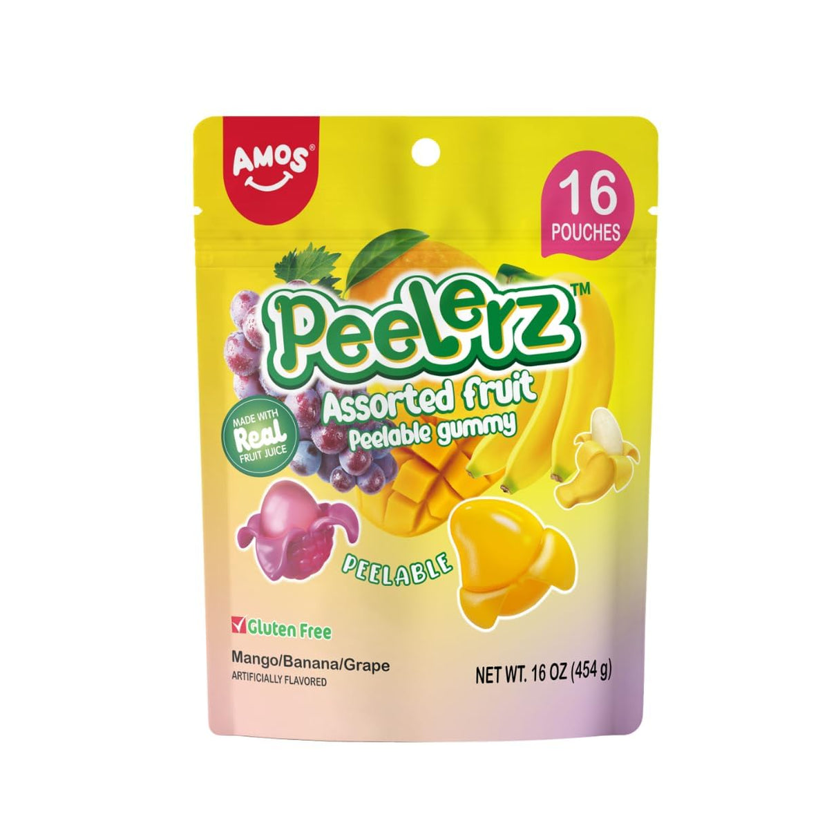 AMOS Peelerz Exotic Fruit Peelable Gummy Candy – 5 Fruit Flavors (Mango, Peach, Banana, Pineapple, Lychee), 8.47oz (240g), Individually Wrapped