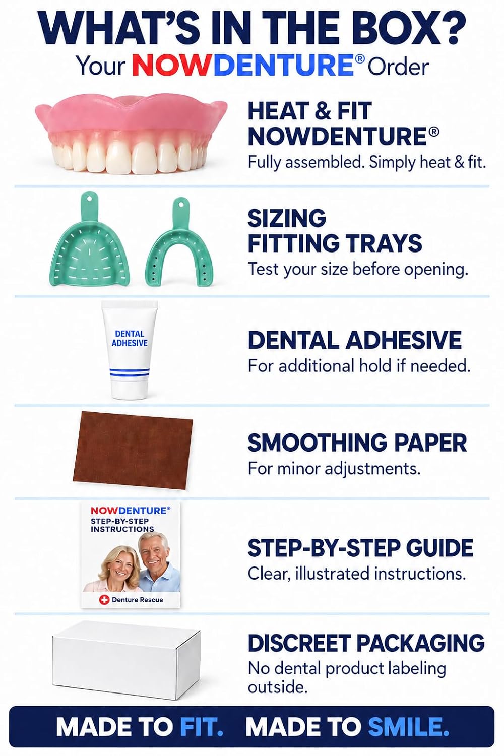 Heat and Fit NowDenture - Premium Immediate Lower Dentures - USA Made, Real Teeth, Custom Fit - No Impressions Needed for Fast Results at Home - Complete Kit with Sizing Trays - Large