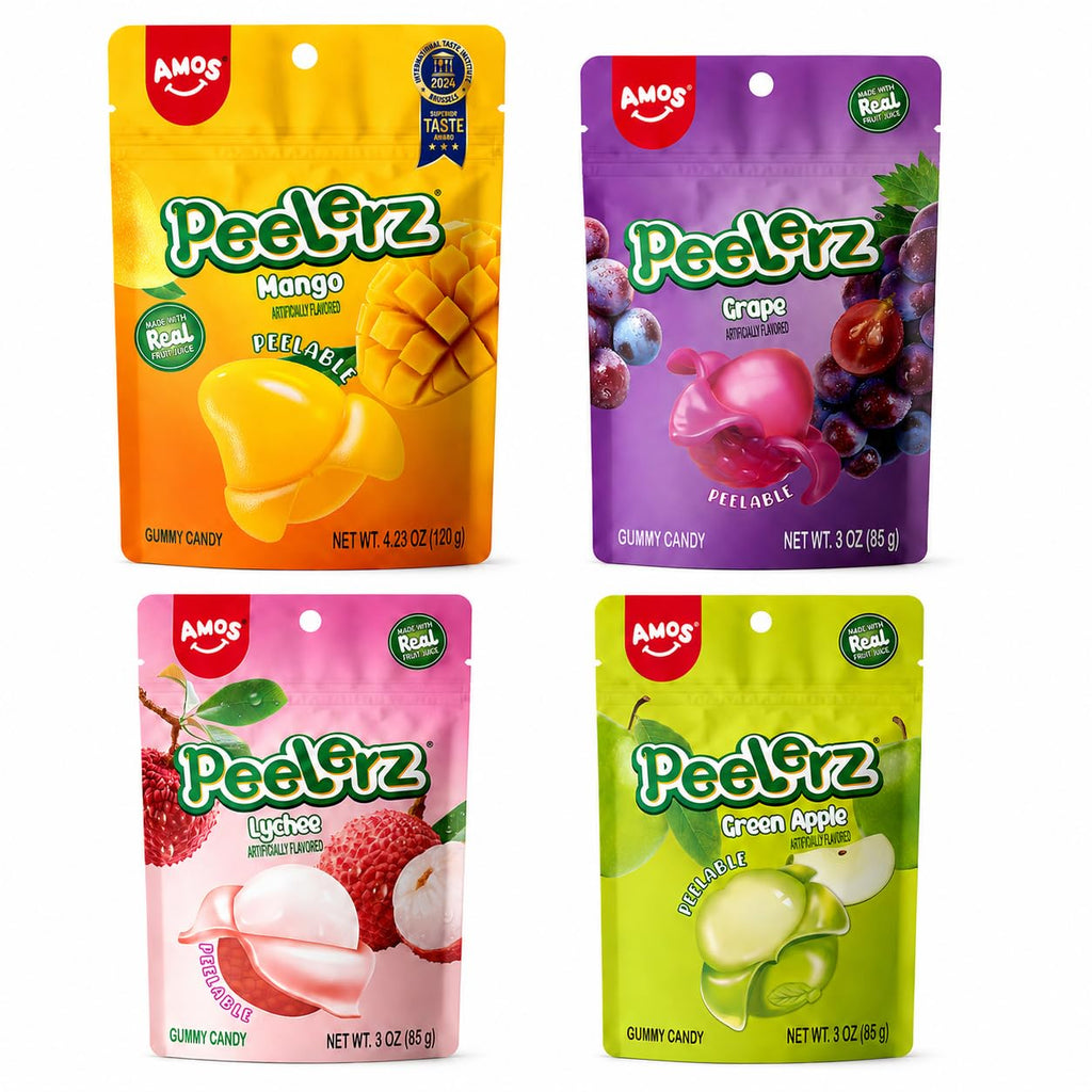 AMOS Peelerz Exotic Fruit Peelable Gummy Candy – 5 Fruit Flavors (Mango, Peach, Banana, Pineapple, Lychee), 8.47oz (240g), Individually Wrapped
