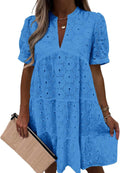 Imily Bela Womens Summer Lace Dresses Eyelet Casual Flowy Babydoll Swing Short Sleeve V Neck Tunic Dress
