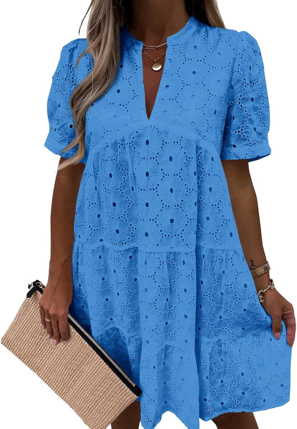 Imily Bela Womens Summer Lace Dresses Eyelet Casual Flowy Babydoll Swing Short Sleeve V Neck Tunic Dress