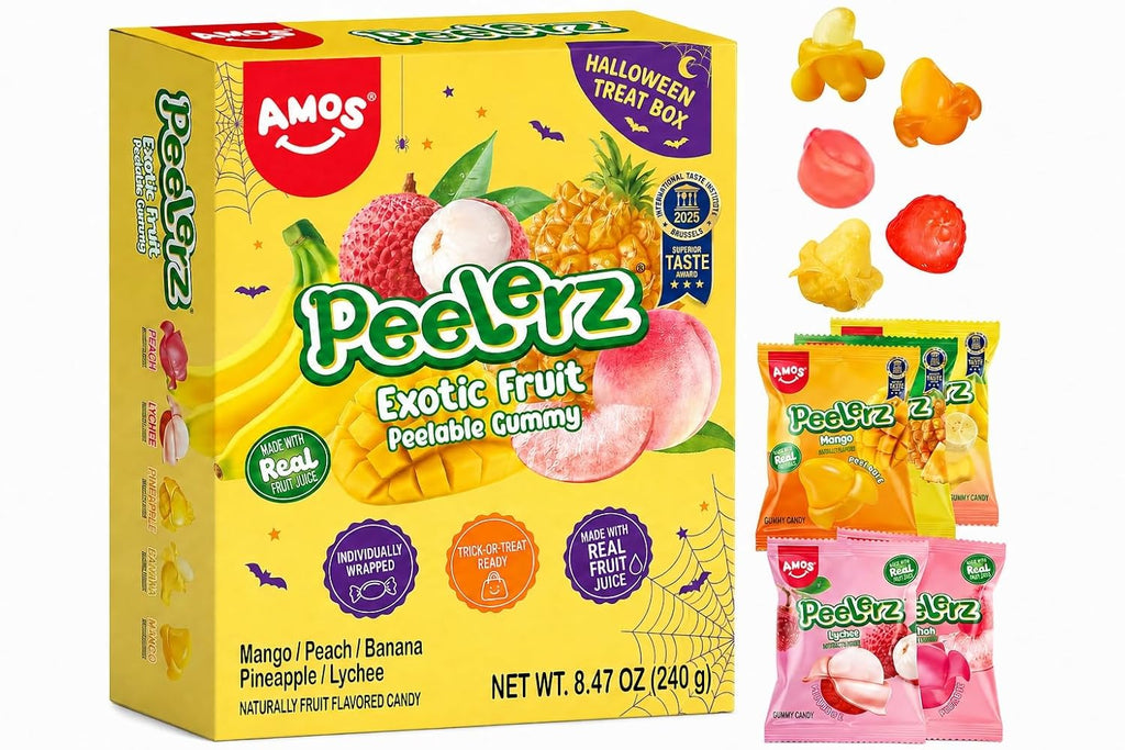 AMOS Peelerz Exotic Fruit Peelable Gummy Candy – 5 Fruit Flavors (Mango, Peach, Banana, Pineapple, Lychee), 8.47oz (240g), Individually Wrapped