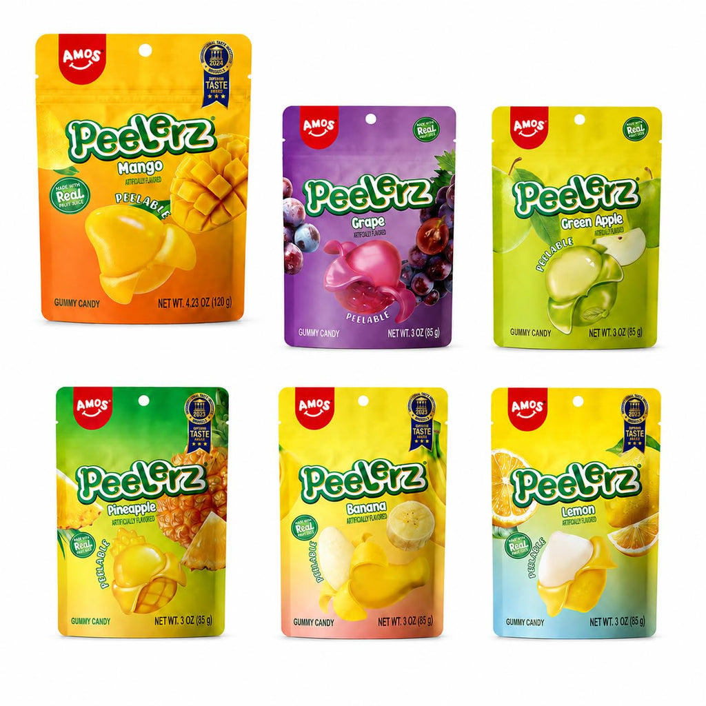 AMOS Peelerz Exotic Fruit Peelable Gummy Candy – 5 Fruit Flavors (Mango, Peach, Banana, Pineapple, Lychee), 8.47oz (240g), Individually Wrapped