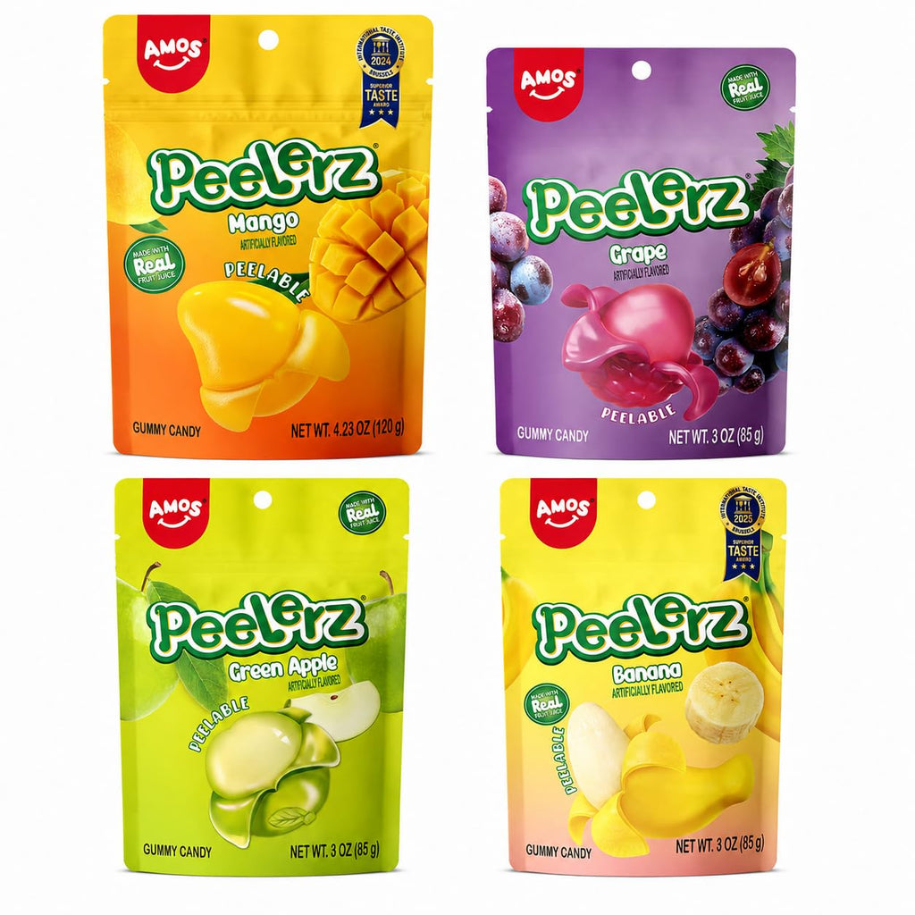 AMOS Peelerz Exotic Fruit Peelable Gummy Candy – 5 Fruit Flavors (Mango, Peach, Banana, Pineapple, Lychee), 8.47oz (240g), Individually Wrapped