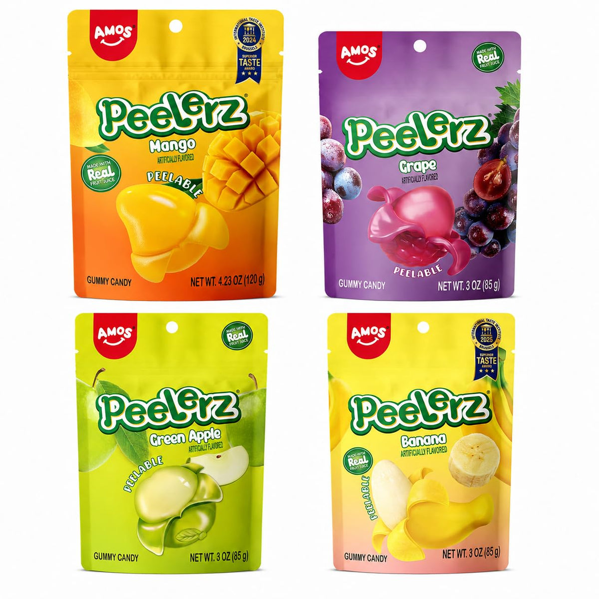 AMOS Peelerz Exotic Fruit Peelable Gummy Candy – 5 Fruit Flavors (Mango, Peach, Banana, Pineapple, Lychee), 8.47oz (240g), Individually Wrapped