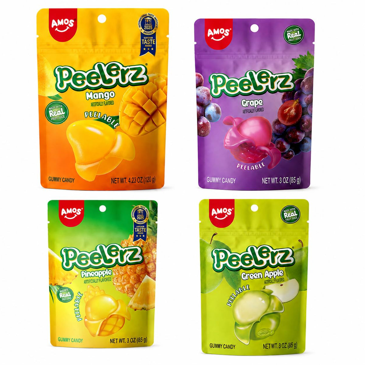 AMOS Peelerz Exotic Fruit Peelable Gummy Candy – 5 Fruit Flavors (Mango, Peach, Banana, Pineapple, Lychee), 8.47oz (240g), Individually Wrapped