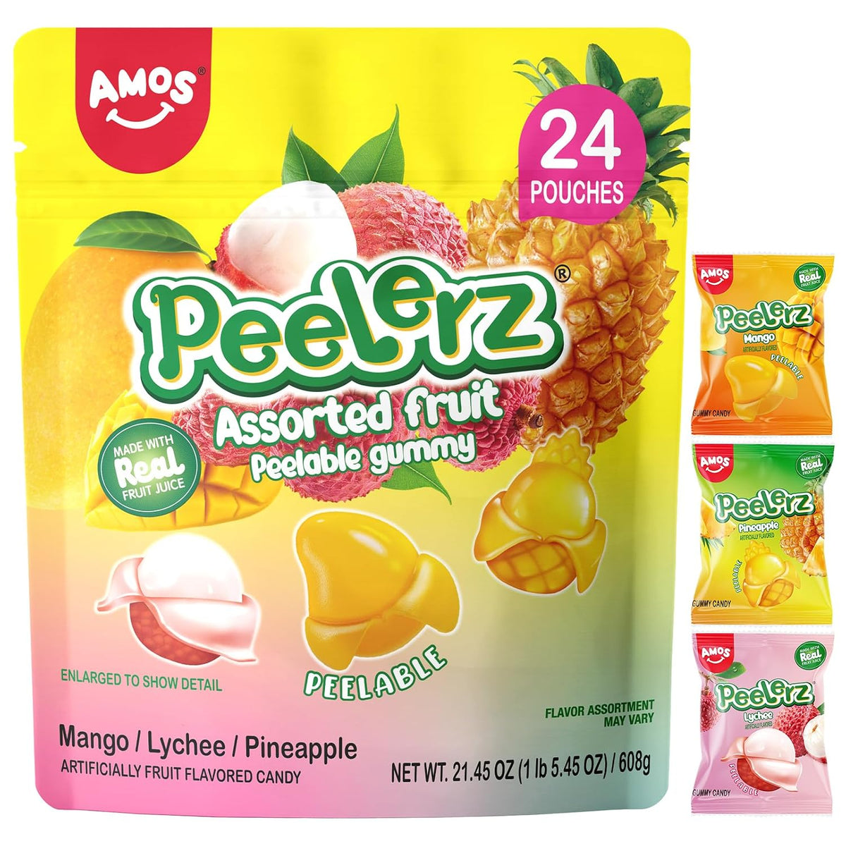 AMOS Peelerz Exotic Fruit Peelable Gummy Candy – 5 Fruit Flavors (Mango, Peach, Banana, Pineapple, Lychee), 8.47oz (240g), Individually Wrapped