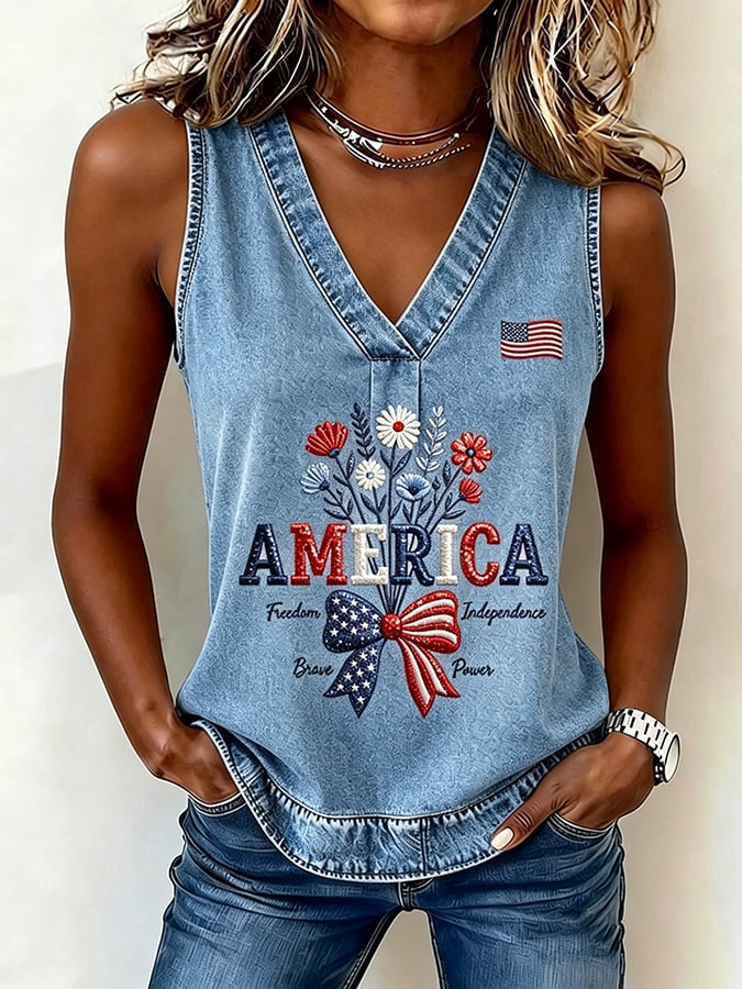 Women's 250th Anniversary Freedom Flower Art  Print Casual V-Neck Vest