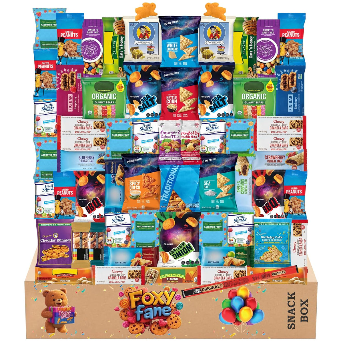 Foxy Fane 60-Count Healthy Snack Box Care Package, Variety Pack of 60 Individually Wrapped Sweet and Savory Snacks, Assorted Gift Basket for Office, College, School, Kids, Family and Friends