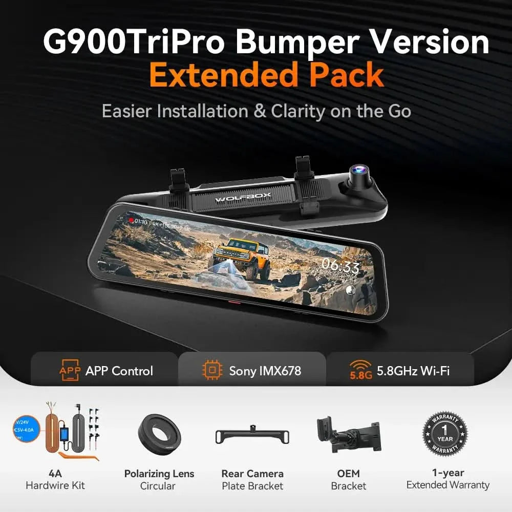 WOLFBOX G900TriPro Bumper Version 3 Channel Rearview Mirror Camera