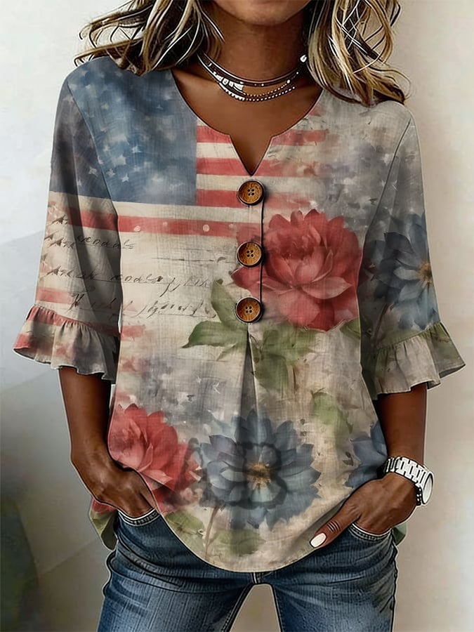 Women's Casual Retro Cotton-Linen Patriotic Shirt