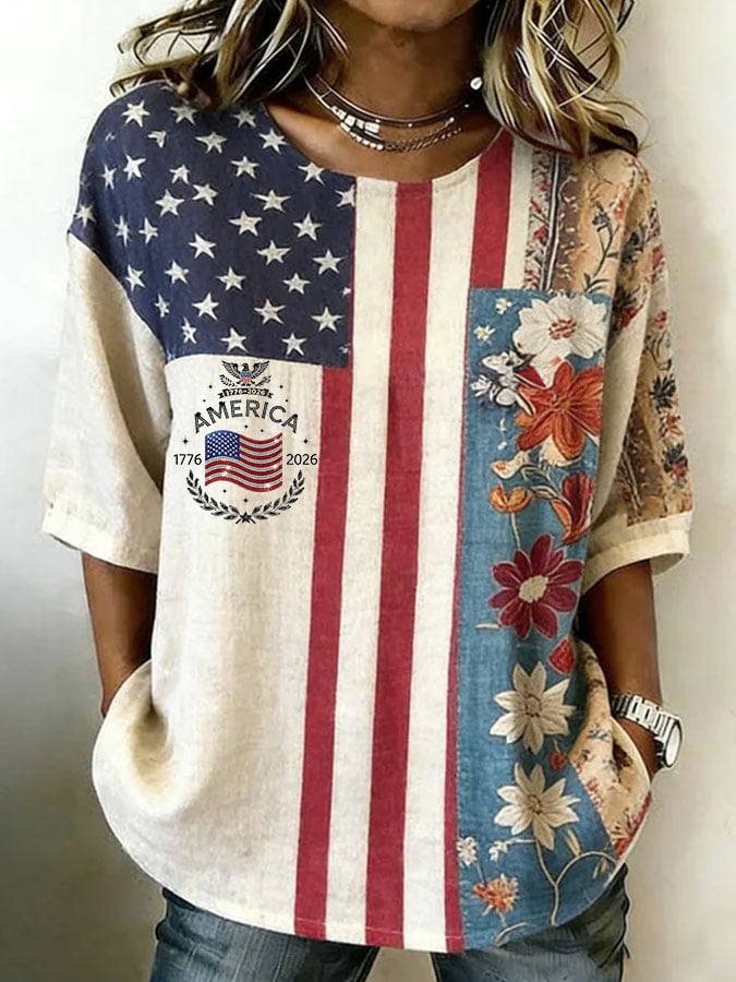 Women's Retro Print Short-Sleeved Loose Top