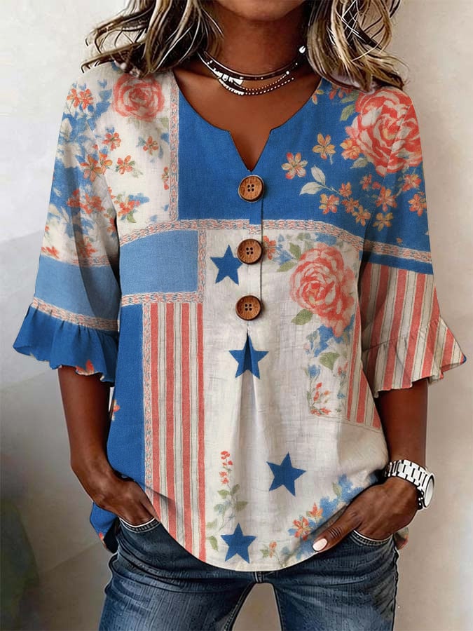 Women's Casual Patriotic Floral Print Top