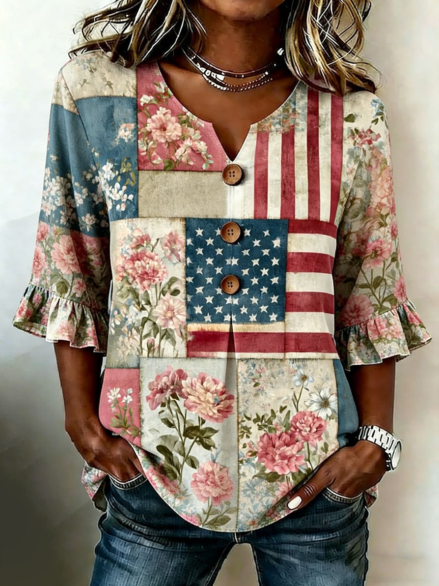 Women's Vintage American Flag Floral Art Linen Top