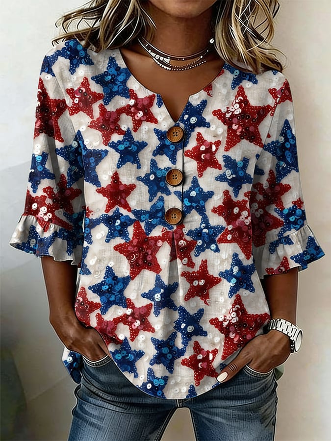 Women's Casual Retro Cotton-Linen Patriotic Shirt