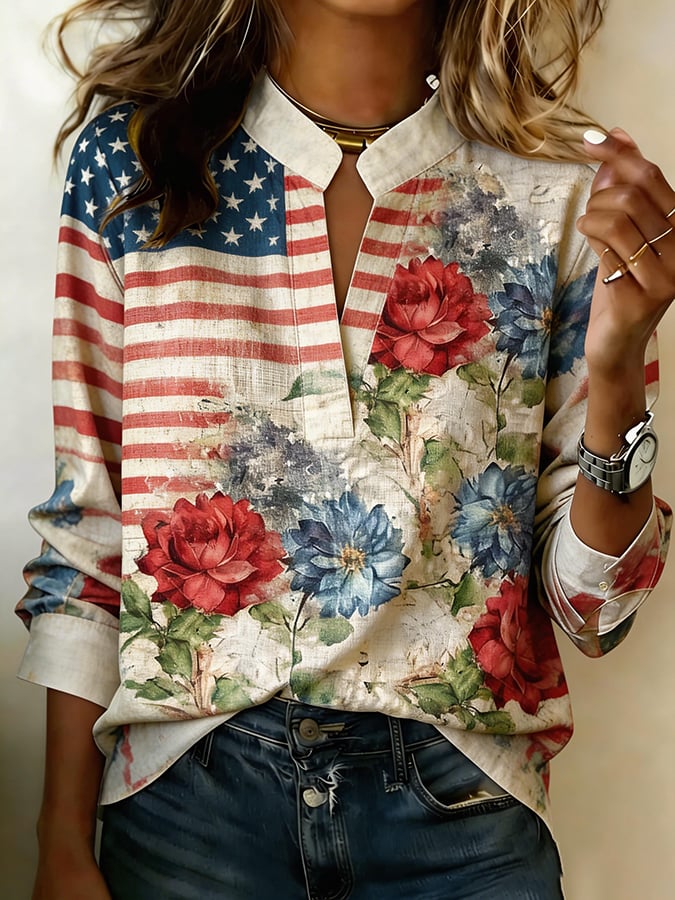 Women's 250th Anniversary Floral Print Half Sleeve Casual Blouse