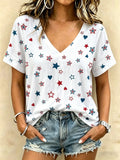 🗽Women's Retro Red White And Blue Star Printed V-Neck Top